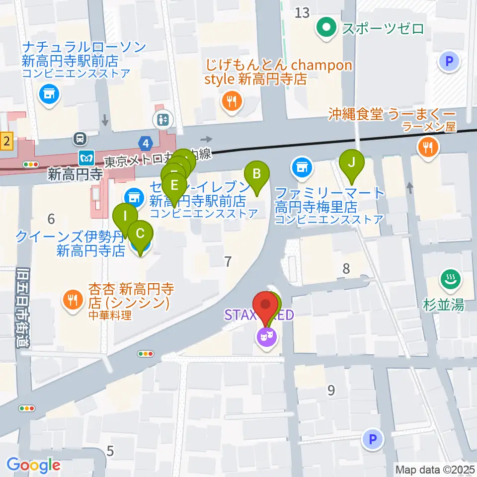 新高円寺カナデミア周辺のファミレス・ファーストフード一覧地図