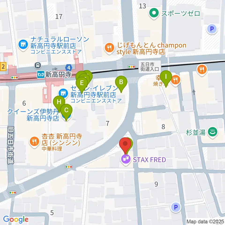 新高円寺カナデミア周辺のファミレス・ファーストフード一覧地図