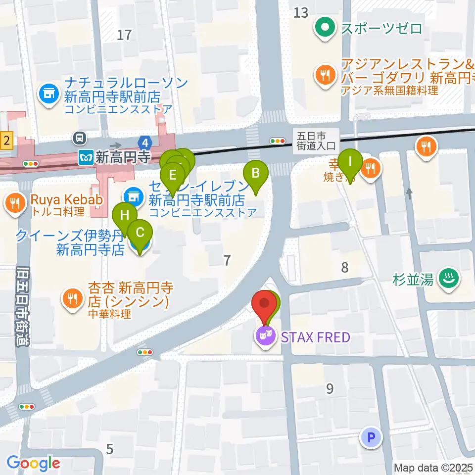 新高円寺カナデミア周辺のファミレス・ファーストフード一覧地図