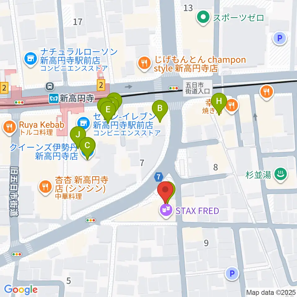 新高円寺カナデミア周辺のファミレス・ファーストフード一覧地図