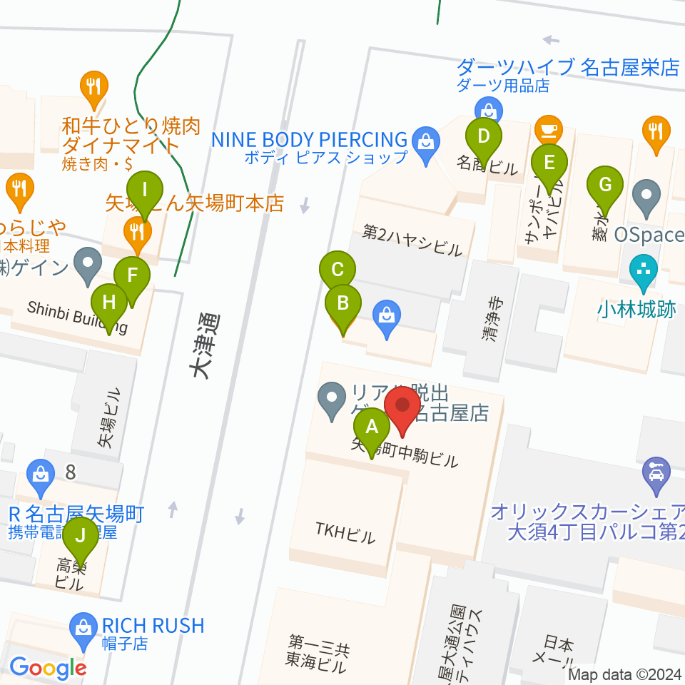 名古屋大須RAD HALL周辺のファミレス・ファーストフード一覧地図