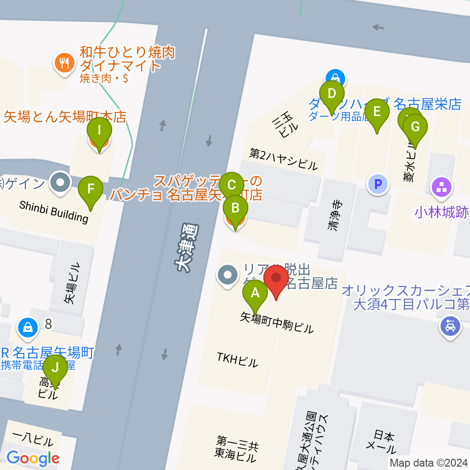 名古屋大須RAD HALL周辺のファミレス・ファーストフード一覧地図