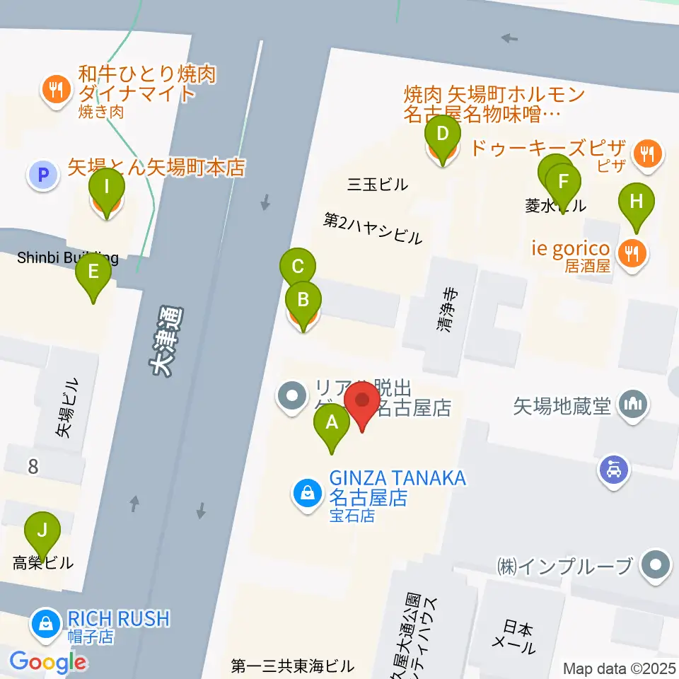 名古屋大須RAD HALL周辺のファミレス・ファーストフード一覧地図