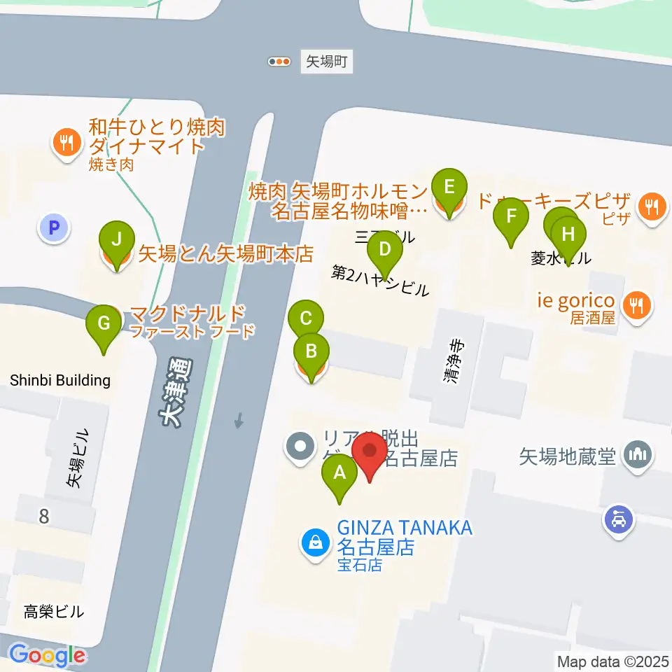 名古屋大須RAD HALL周辺のファミレス・ファーストフード一覧地図