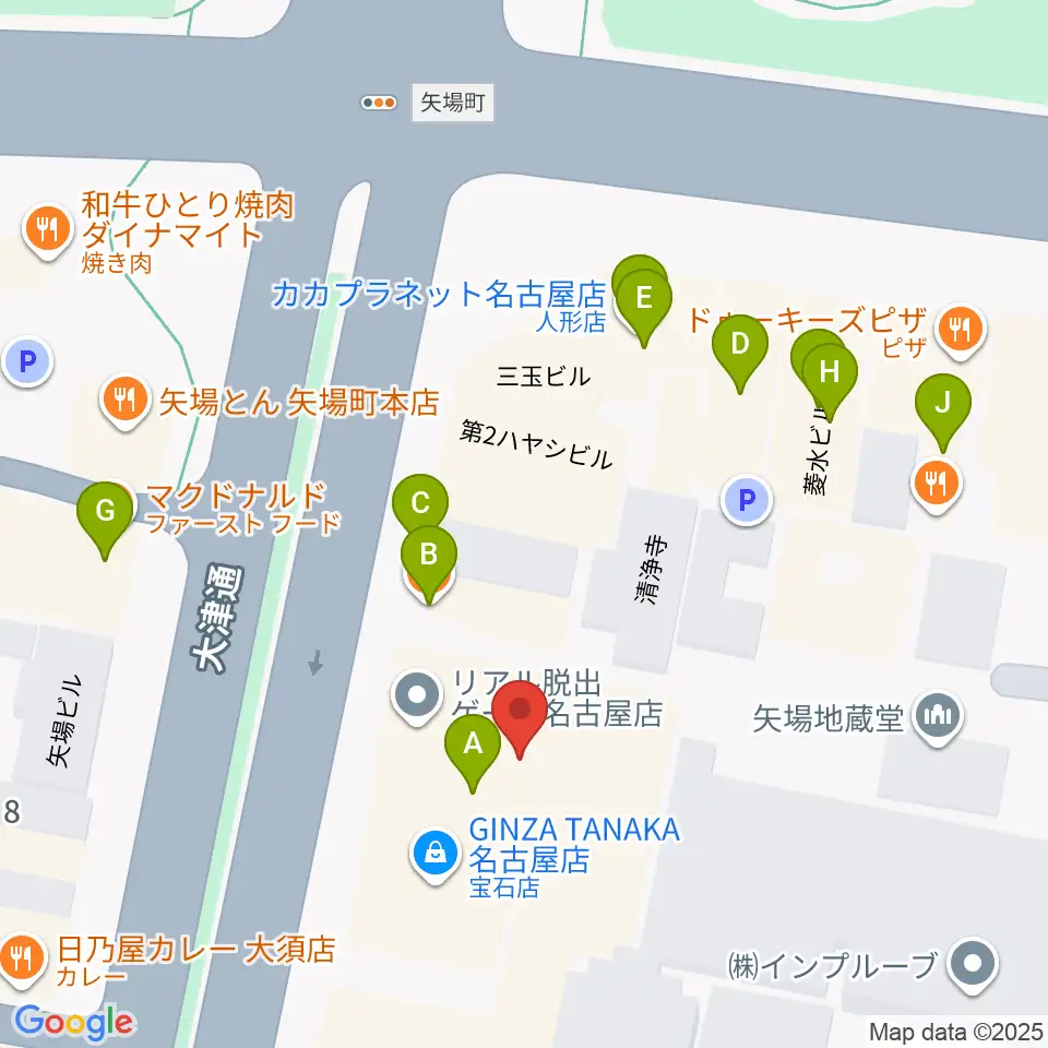 名古屋大須RAD HALL周辺のファミレス・ファーストフード一覧地図