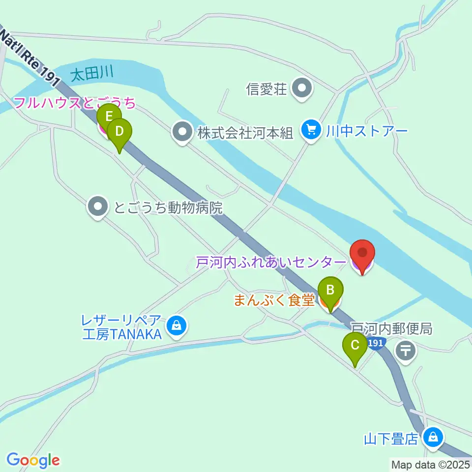 戸河内ふれあいセンター周辺のファミレス・ファーストフード一覧地図