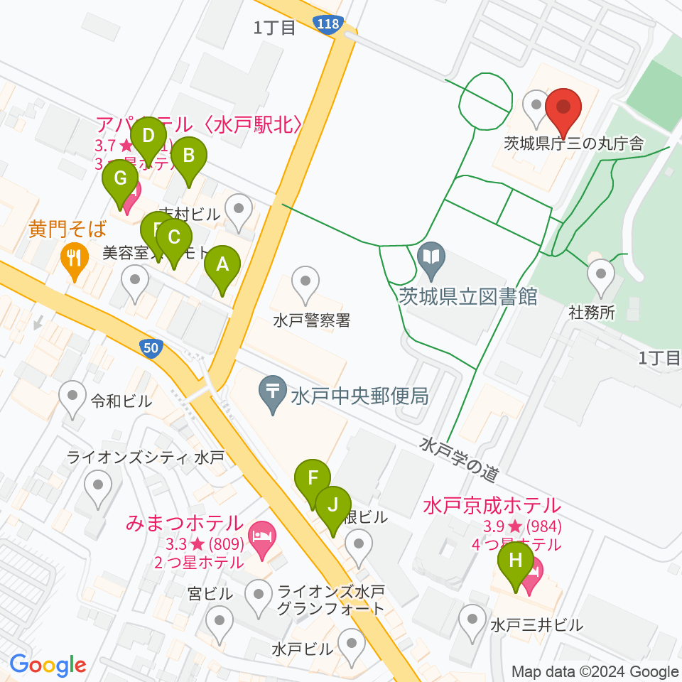 NHK文化センター 水戸教室周辺のファミレス・ファーストフード一覧地図