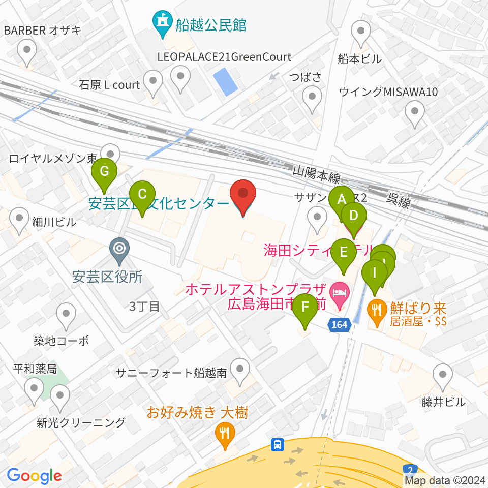 安芸区民文化センター周辺のファミレス・ファーストフード一覧地図