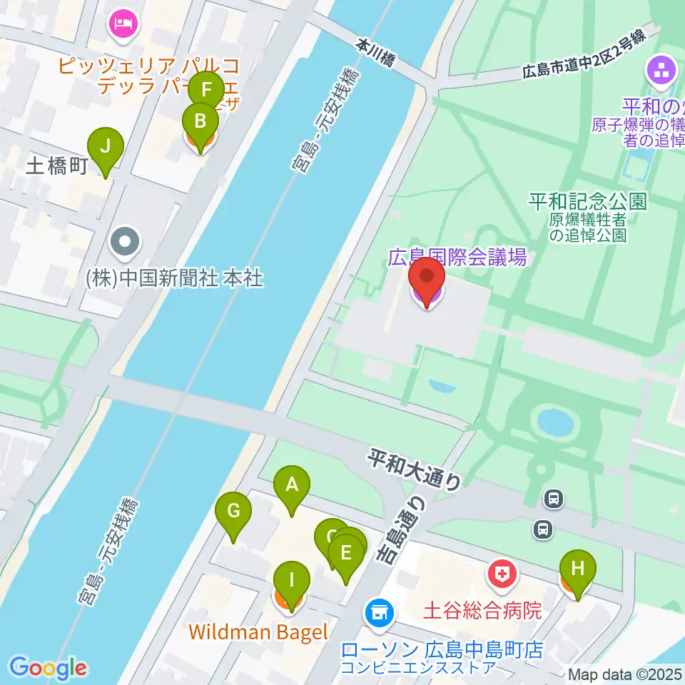 広島国際会議場フェニックスホール周辺のファミレス・ファーストフード一覧地図