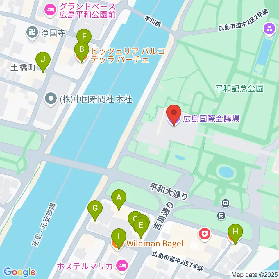広島国際会議場フェニックスホール周辺のファミレス・ファーストフード一覧地図