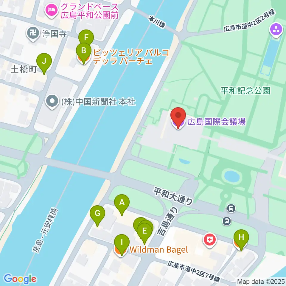 広島国際会議場フェニックスホール周辺のファミレス・ファーストフード一覧地図