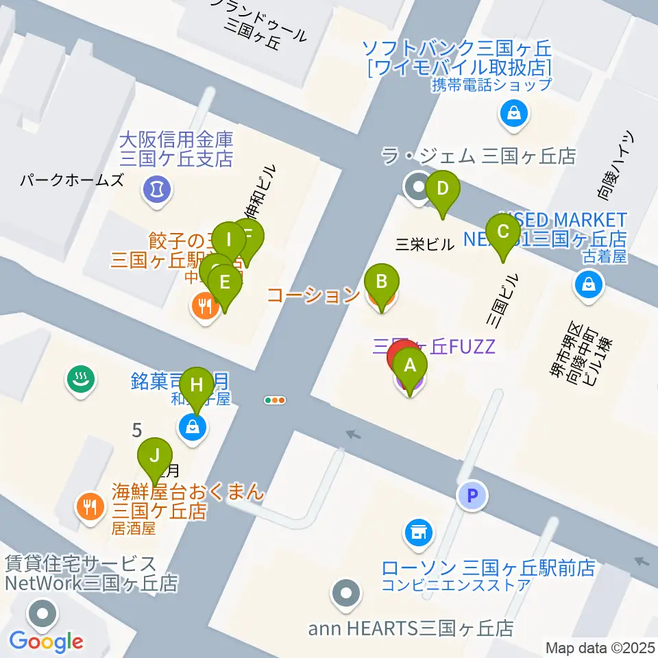 三国ヶ丘FUZZ(ファズ)周辺のファミレス・ファーストフード一覧地図