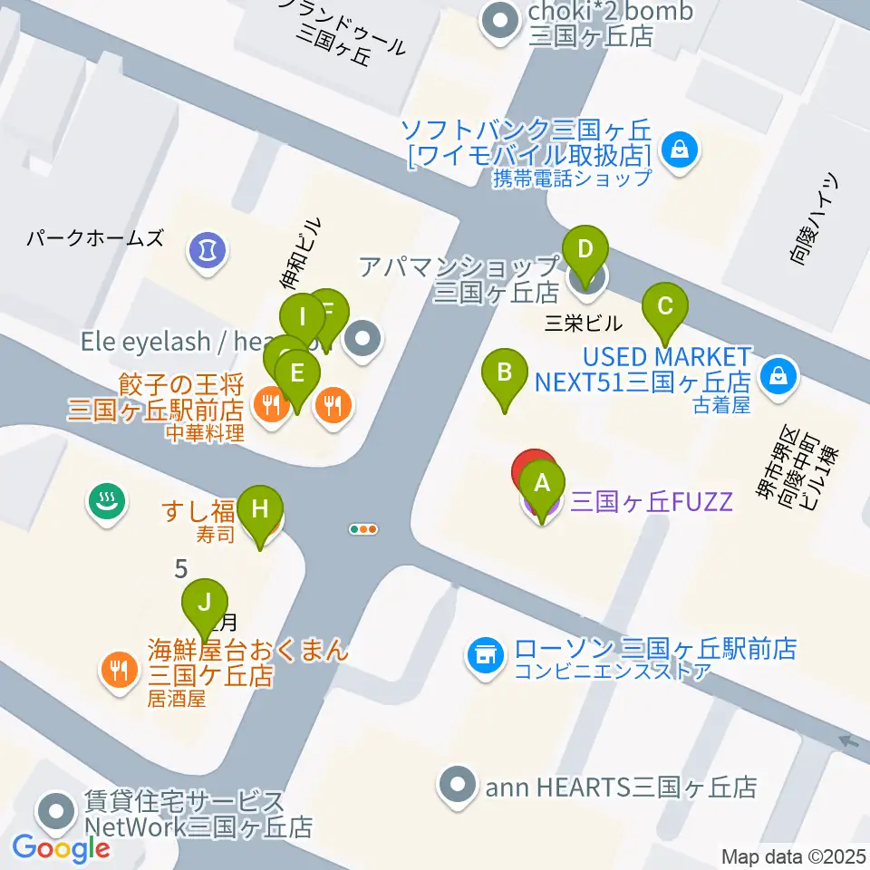 三国ヶ丘FUZZ(ファズ)周辺のファミレス・ファーストフード一覧地図