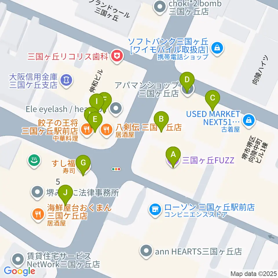 三国ヶ丘FUZZ周辺のファミレス・ファーストフード一覧地図