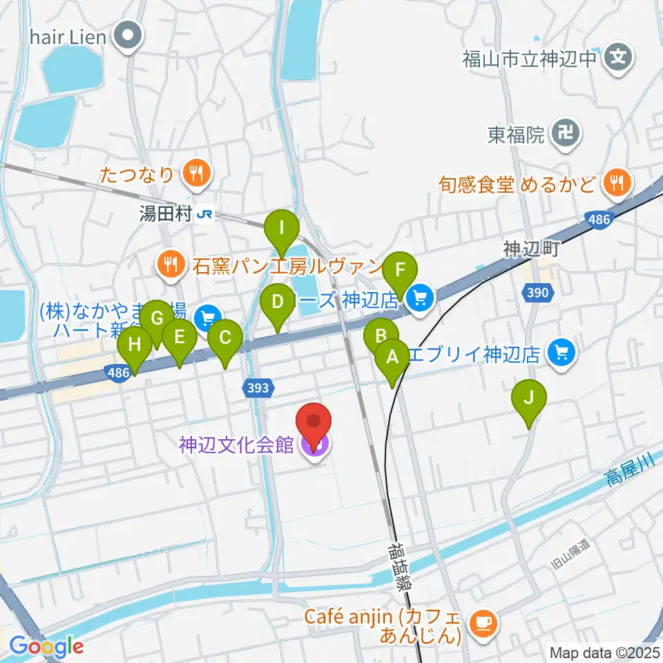 福山市神辺文化会館周辺のファミレス・ファーストフード一覧地図