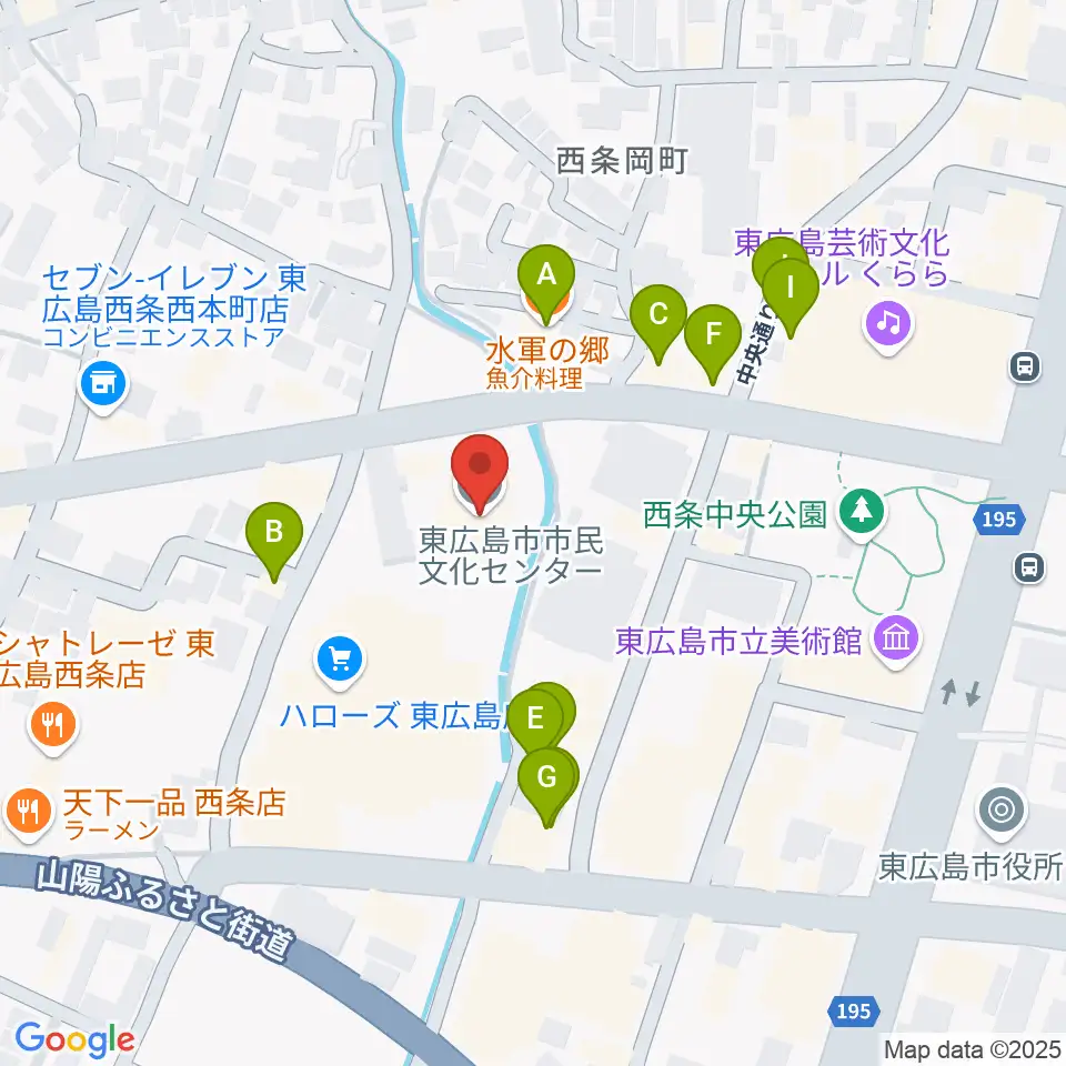 東広島市市民文化センター周辺のファミレス・ファーストフード一覧地図