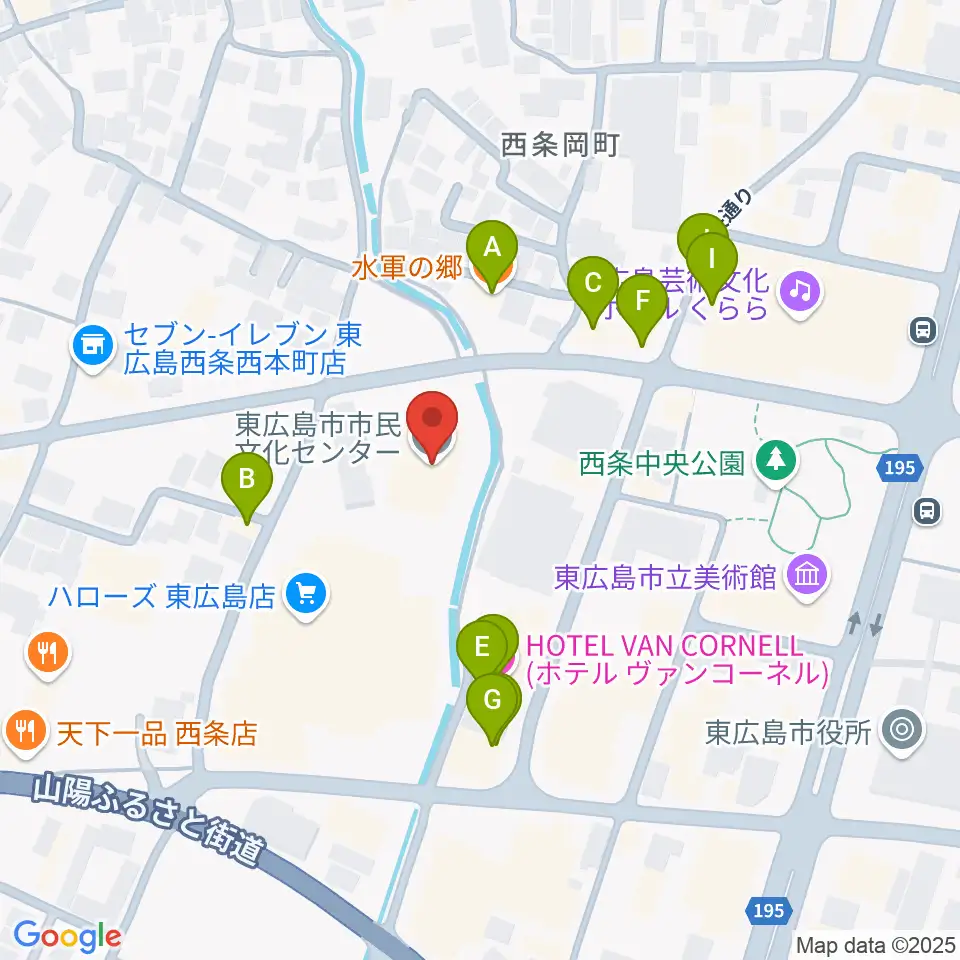 東広島市市民文化センター周辺のファミレス・ファーストフード一覧地図