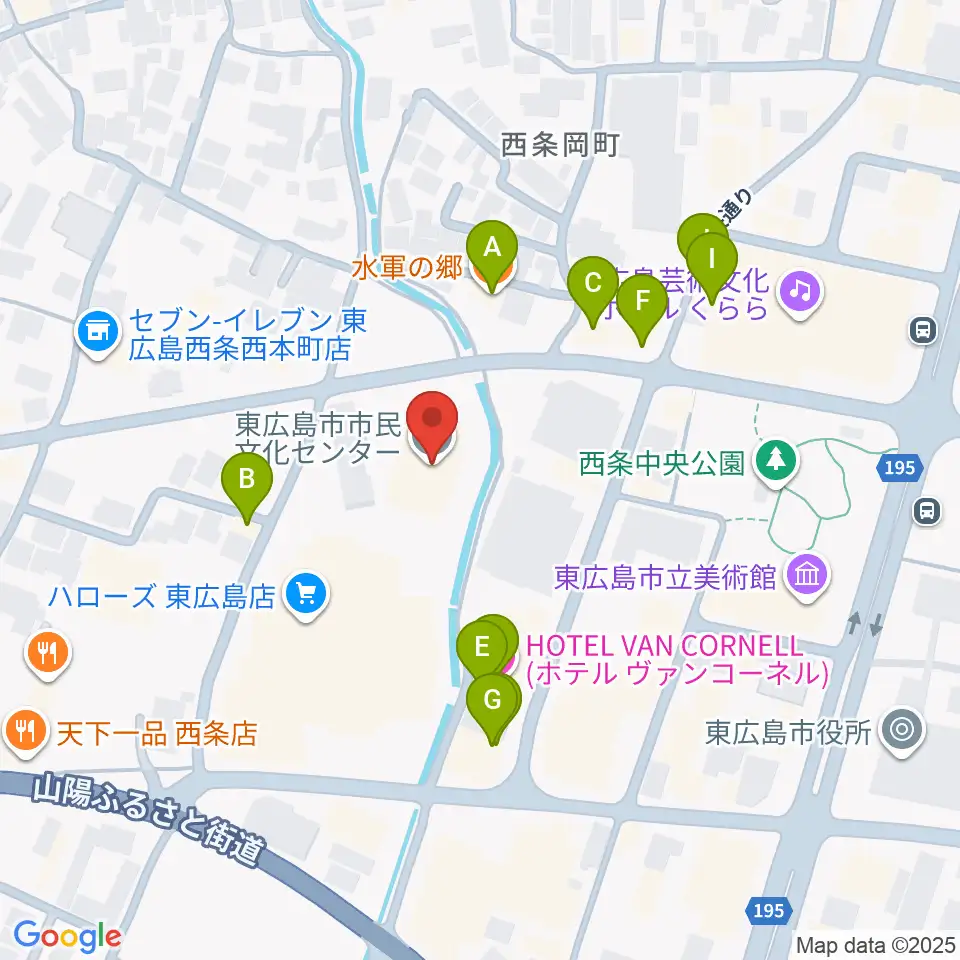 東広島市市民文化センター周辺のファミレス・ファーストフード一覧地図