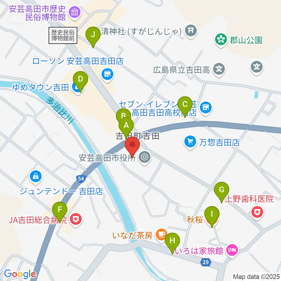 安芸高田市民文化センター クリスタルアージョ周辺のファミレス・ファーストフード一覧地図