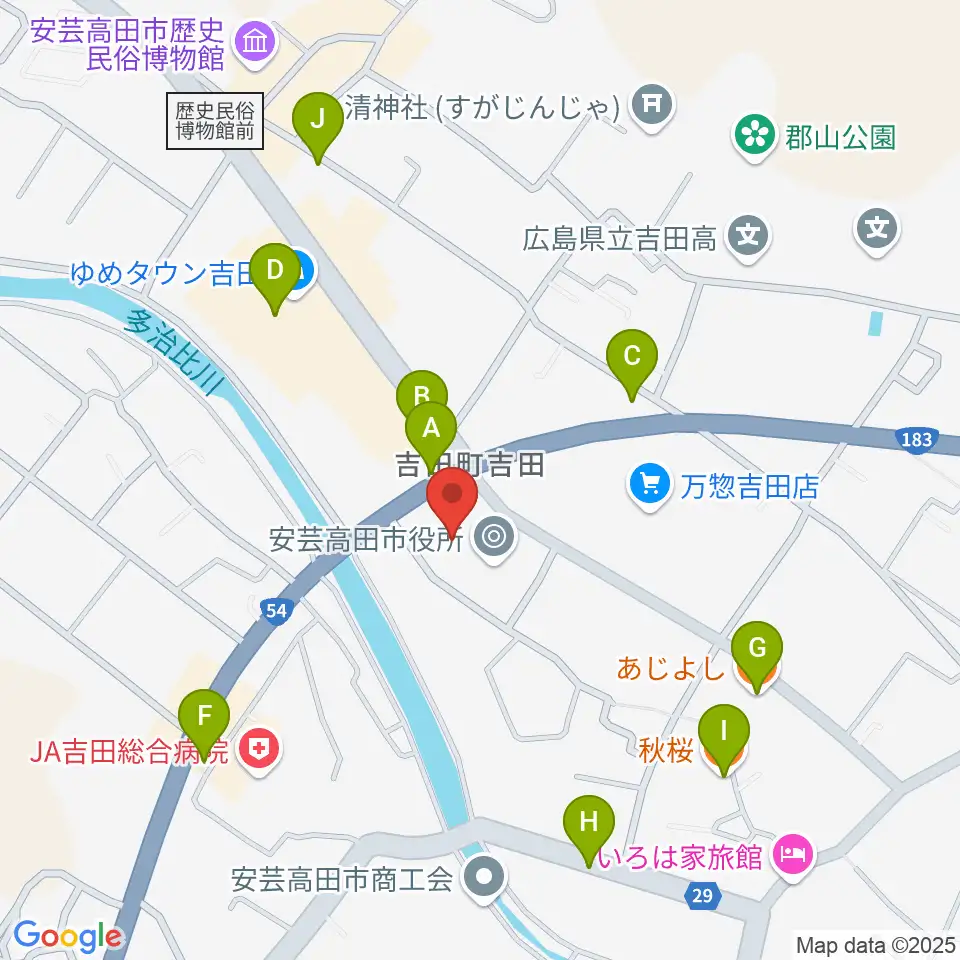 安芸高田市民文化センター クリスタルアージョ周辺のファミレス・ファーストフード一覧地図