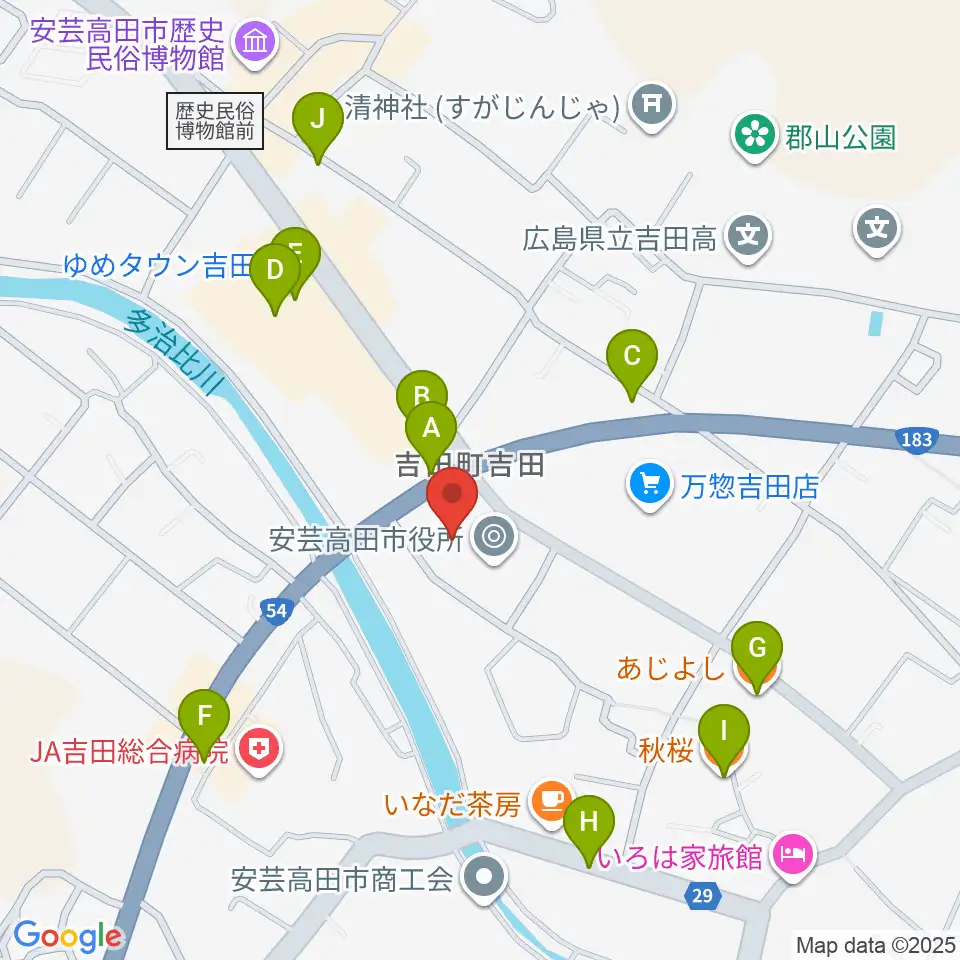 安芸高田市民文化センター クリスタルアージョ周辺のファミレス・ファーストフード一覧地図