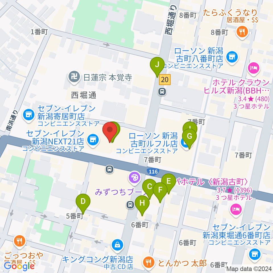 新潟市民プラザ周辺のファミレス・ファーストフード一覧地図