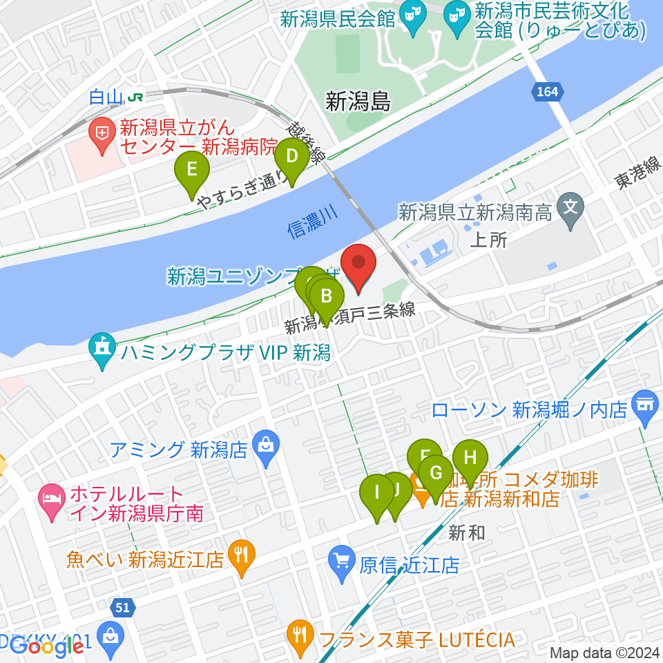 新潟ユニゾンプラザ周辺のファミレス・ファーストフード一覧地図