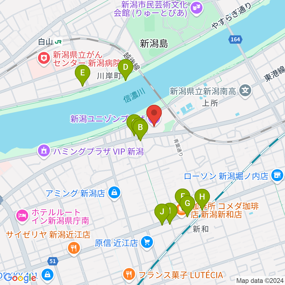 新潟ユニゾンプラザ周辺のファミレス・ファーストフード一覧地図