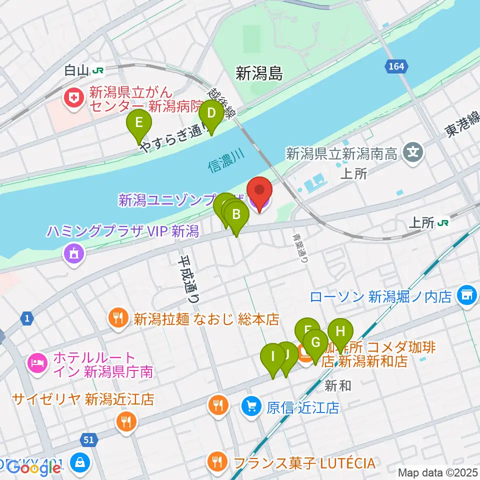 新潟ユニゾンプラザ周辺のファミレス・ファーストフード一覧地図