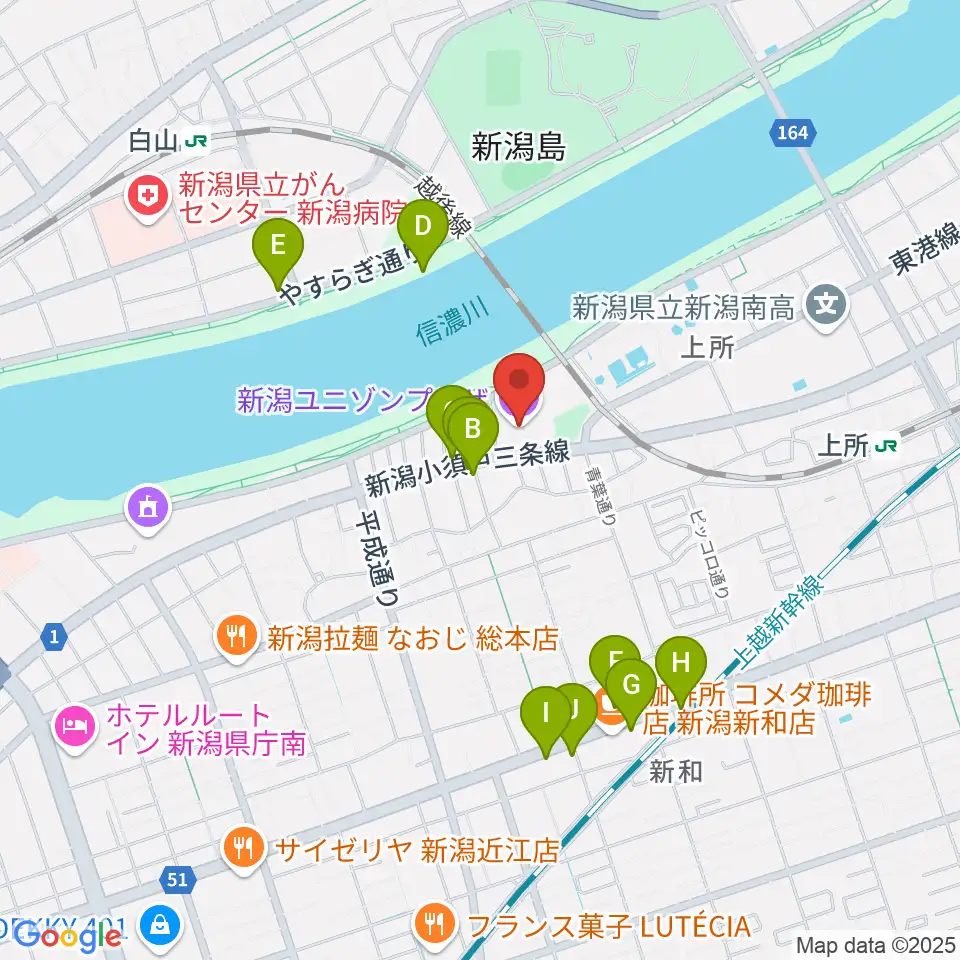 新潟ユニゾンプラザ周辺のファミレス・ファーストフード一覧地図