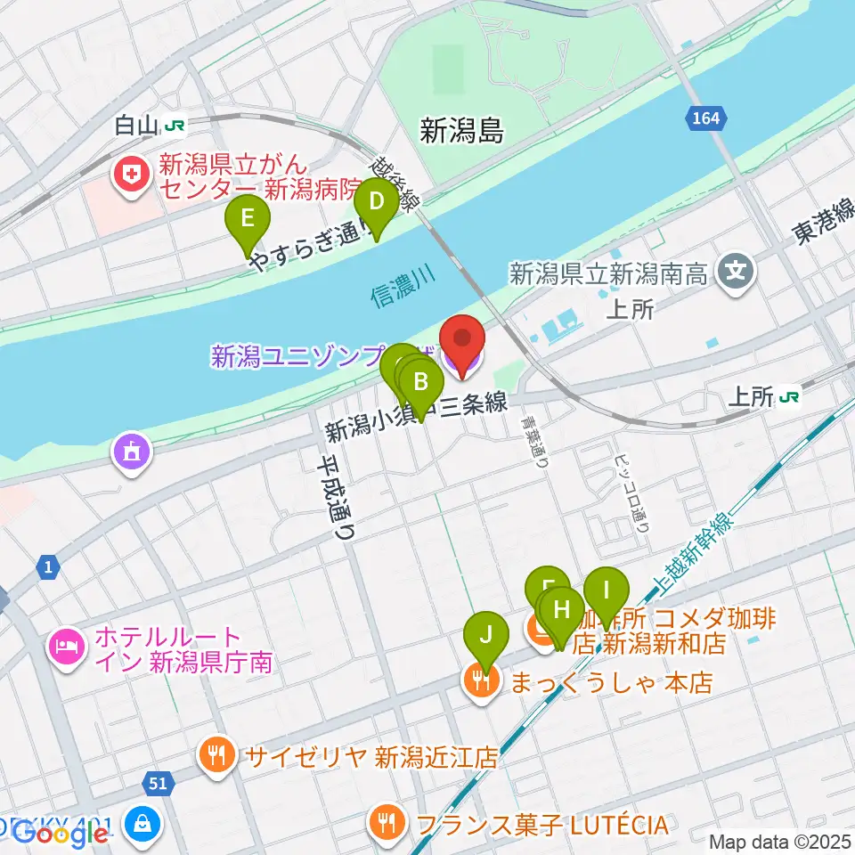 新潟ユニゾンプラザ周辺のファミレス・ファーストフード一覧地図