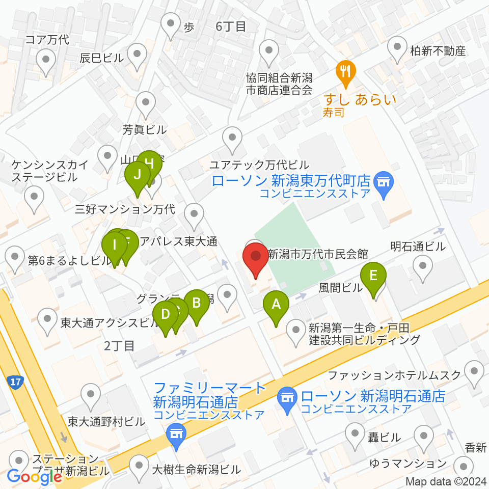新潟市万代市民会館周辺のファミレス・ファーストフード一覧地図
