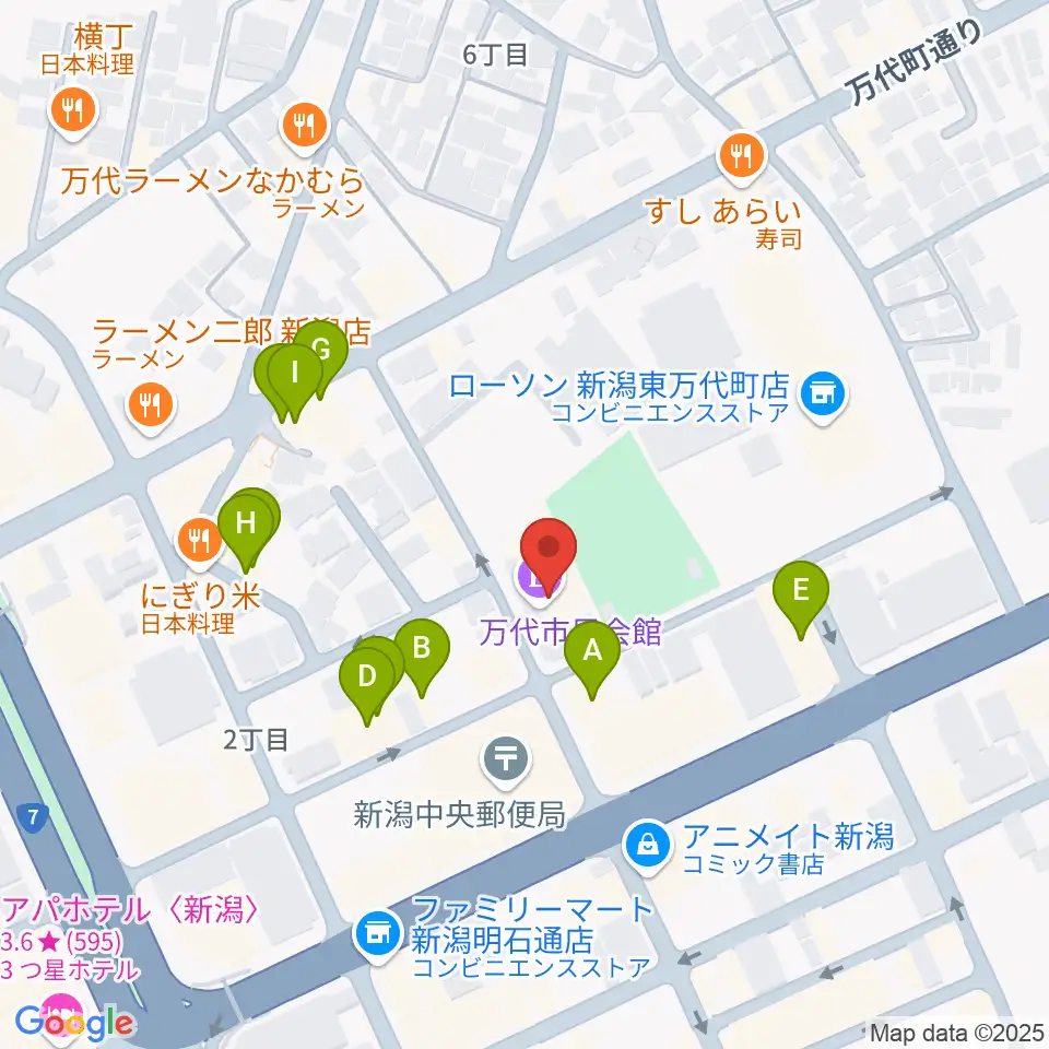 新潟市万代市民会館周辺のファミレス・ファーストフード一覧地図
