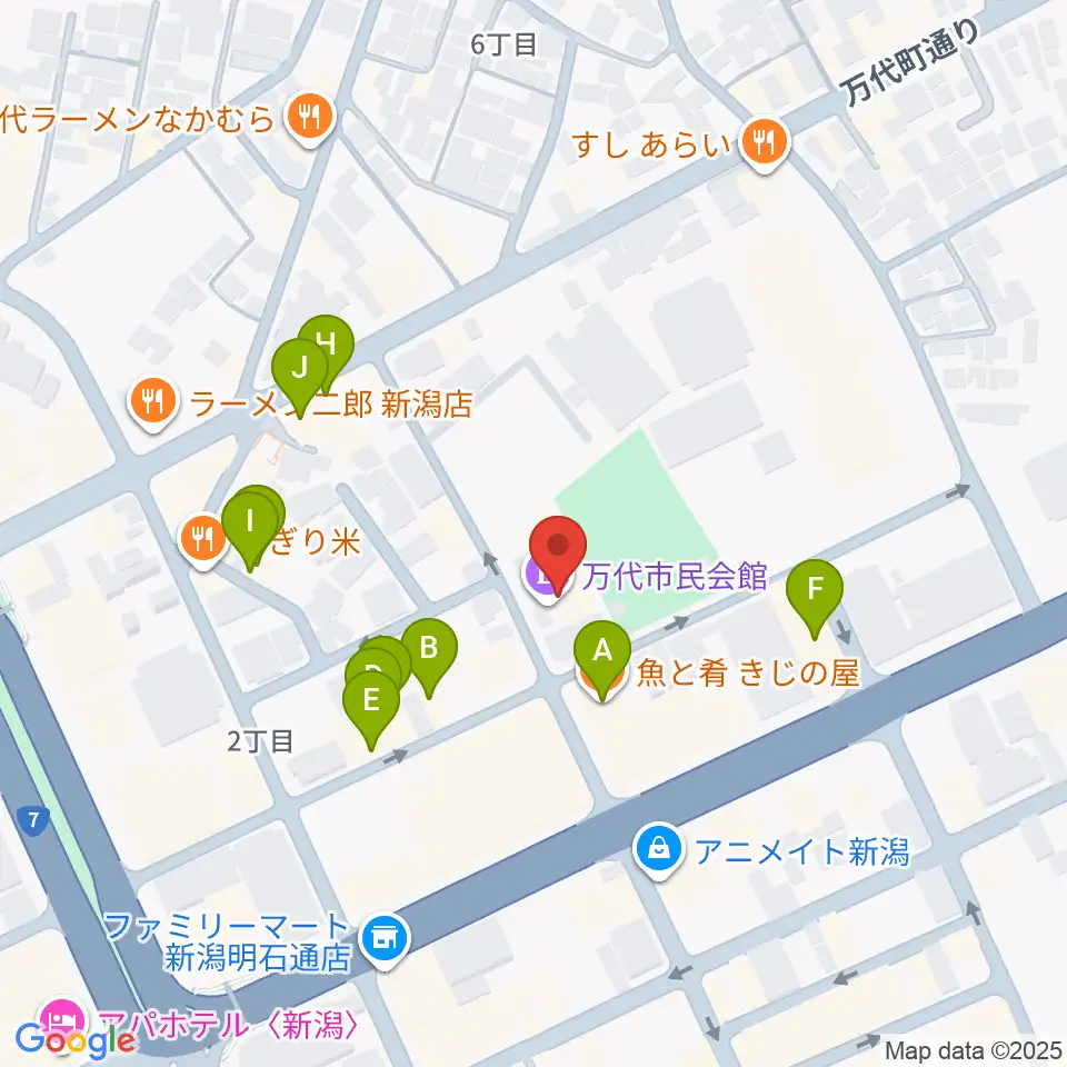 新潟市万代市民会館周辺のファミレス・ファーストフード一覧地図