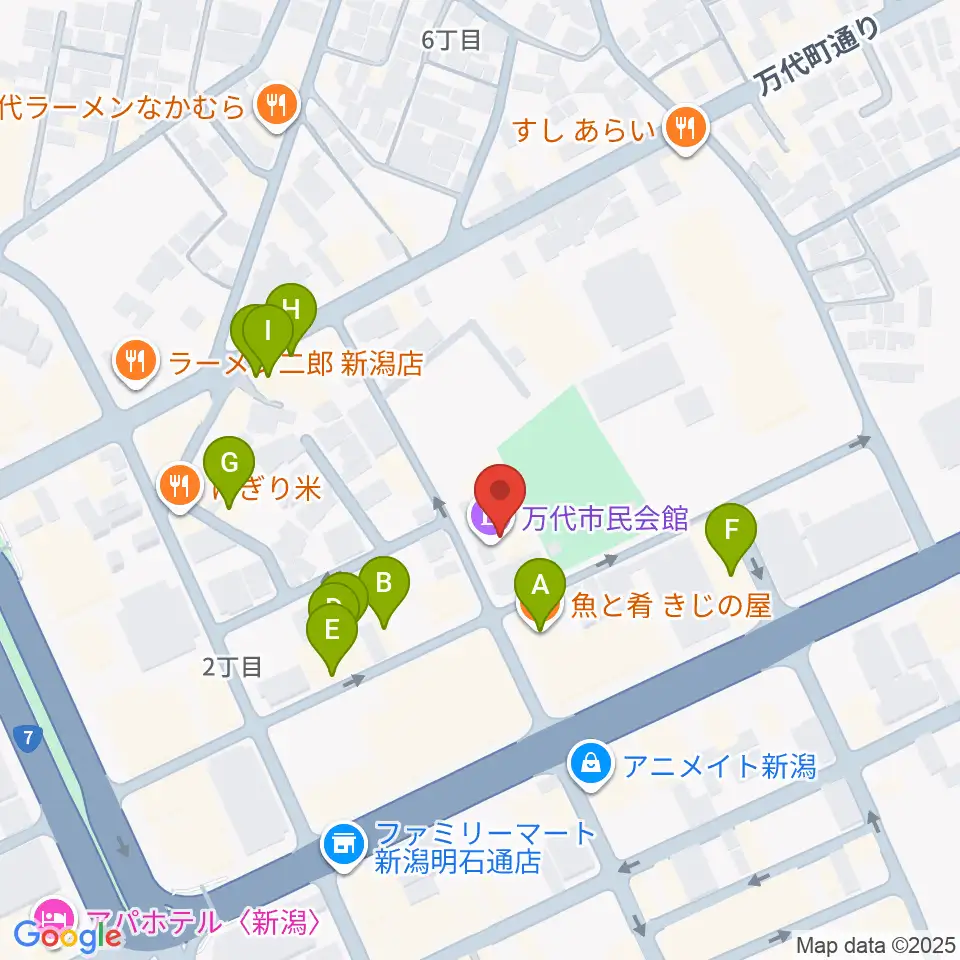 新潟市万代市民会館周辺のファミレス・ファーストフード一覧地図