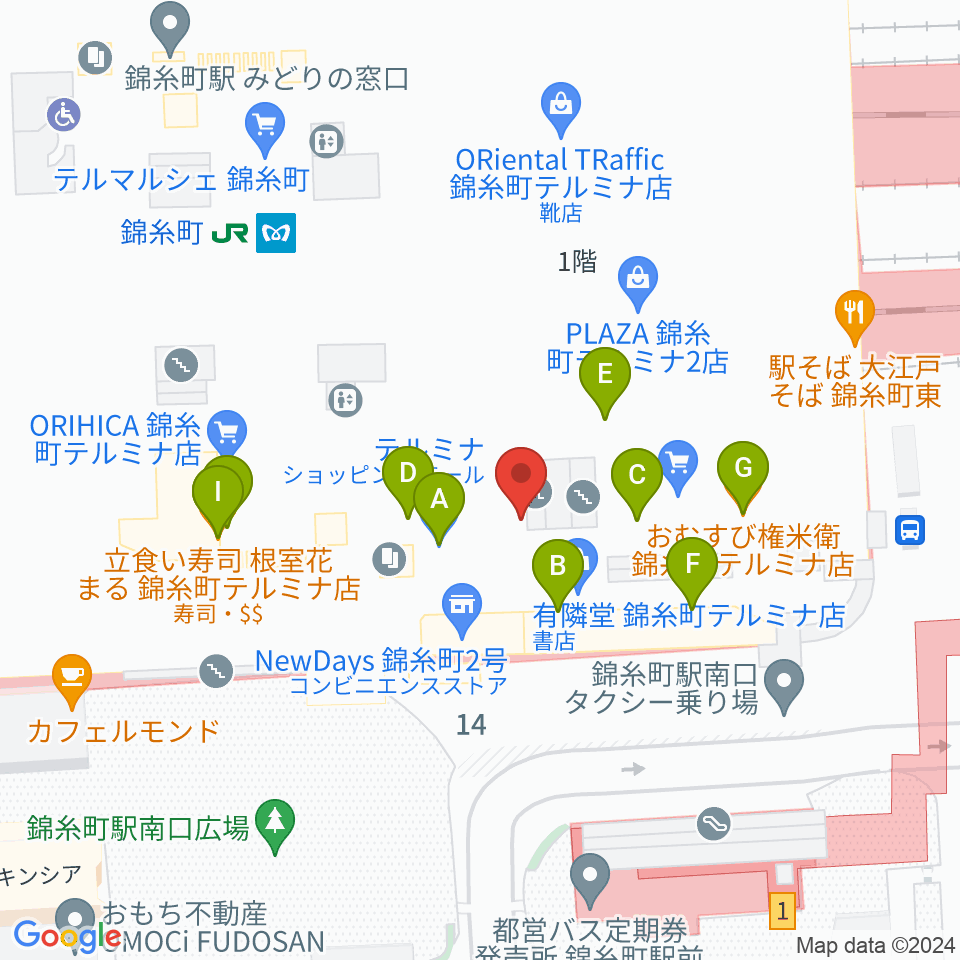 よみうりカルチャー錦糸町周辺のファミレス・ファーストフード一覧地図