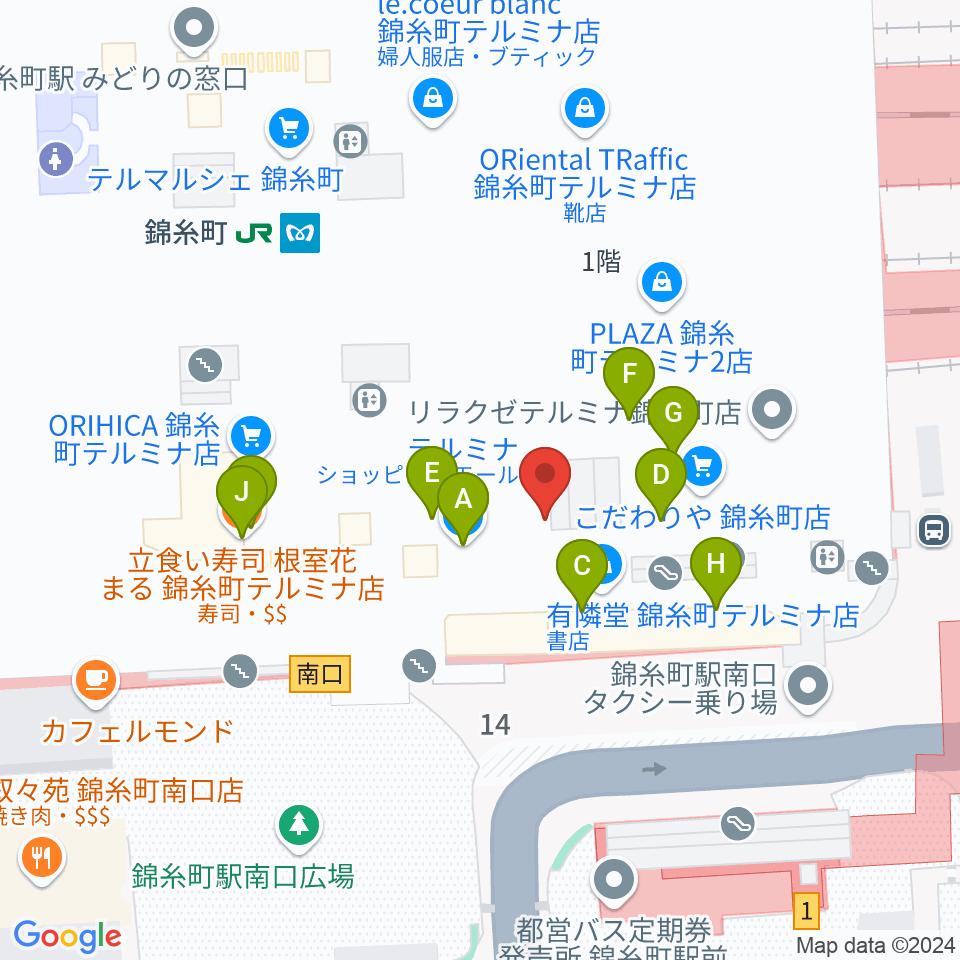 よみうりカルチャー錦糸町周辺のファミレス・ファーストフード一覧地図