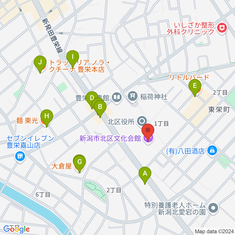 新潟市北区文化会館周辺のファミレス・ファーストフード一覧地図