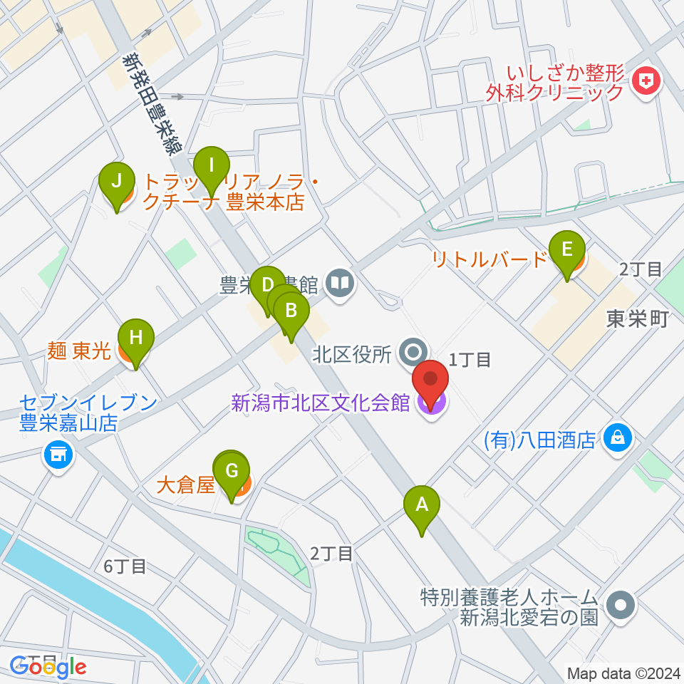 新潟市北区文化会館周辺のファミレス・ファーストフード一覧地図