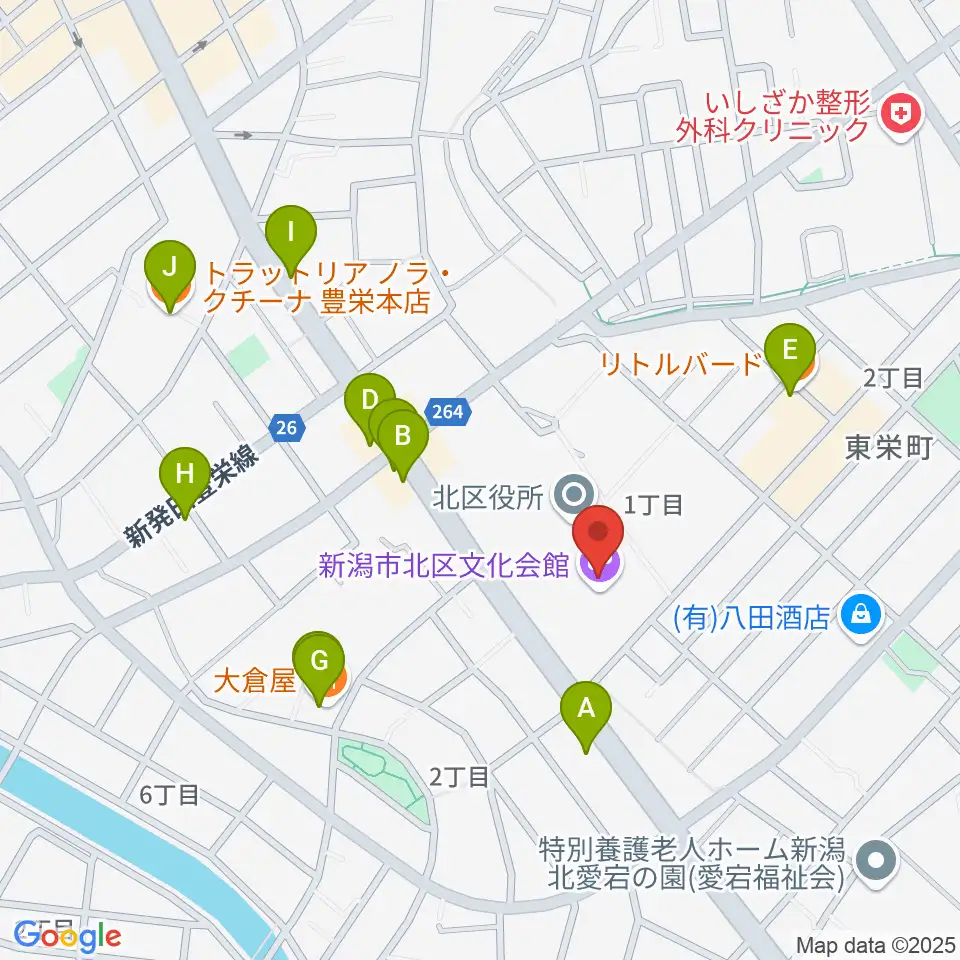 新潟市北区文化会館周辺のファミレス・ファーストフード一覧地図