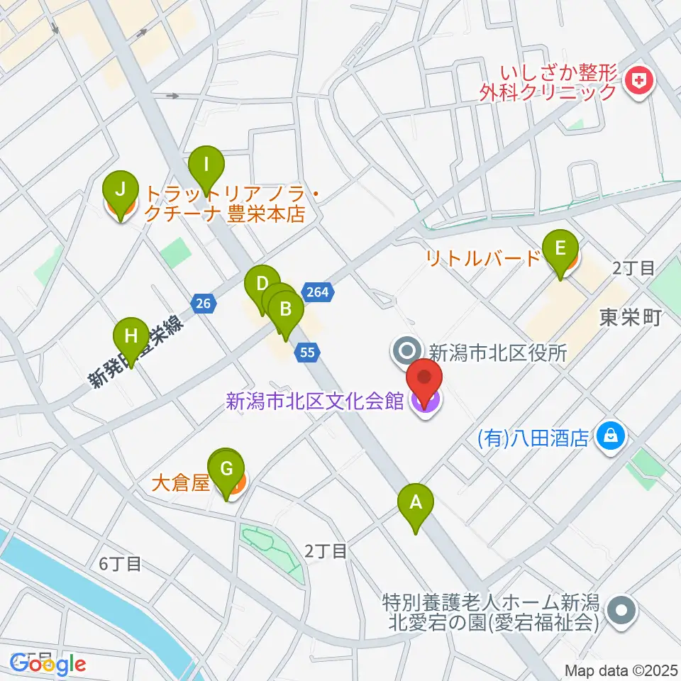 新潟市北区文化会館周辺のファミレス・ファーストフード一覧地図