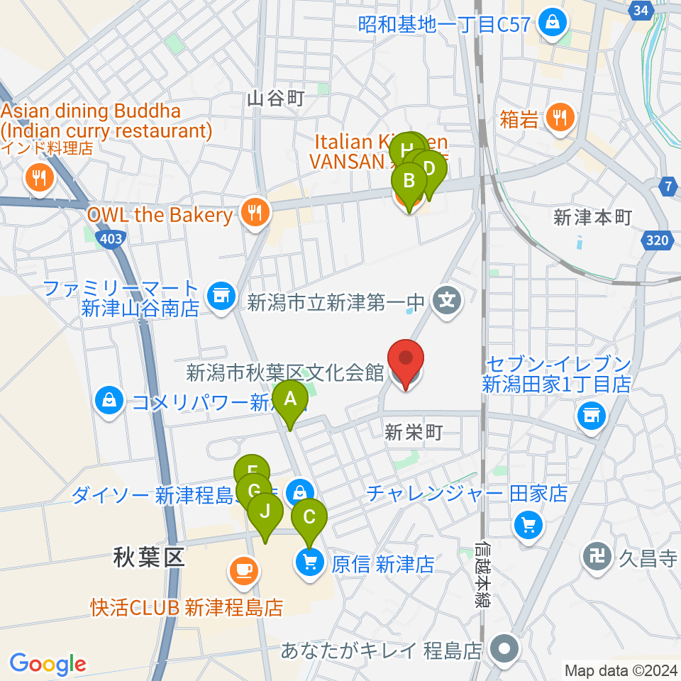 新潟市秋葉区文化会館周辺のファミレス・ファーストフード一覧地図