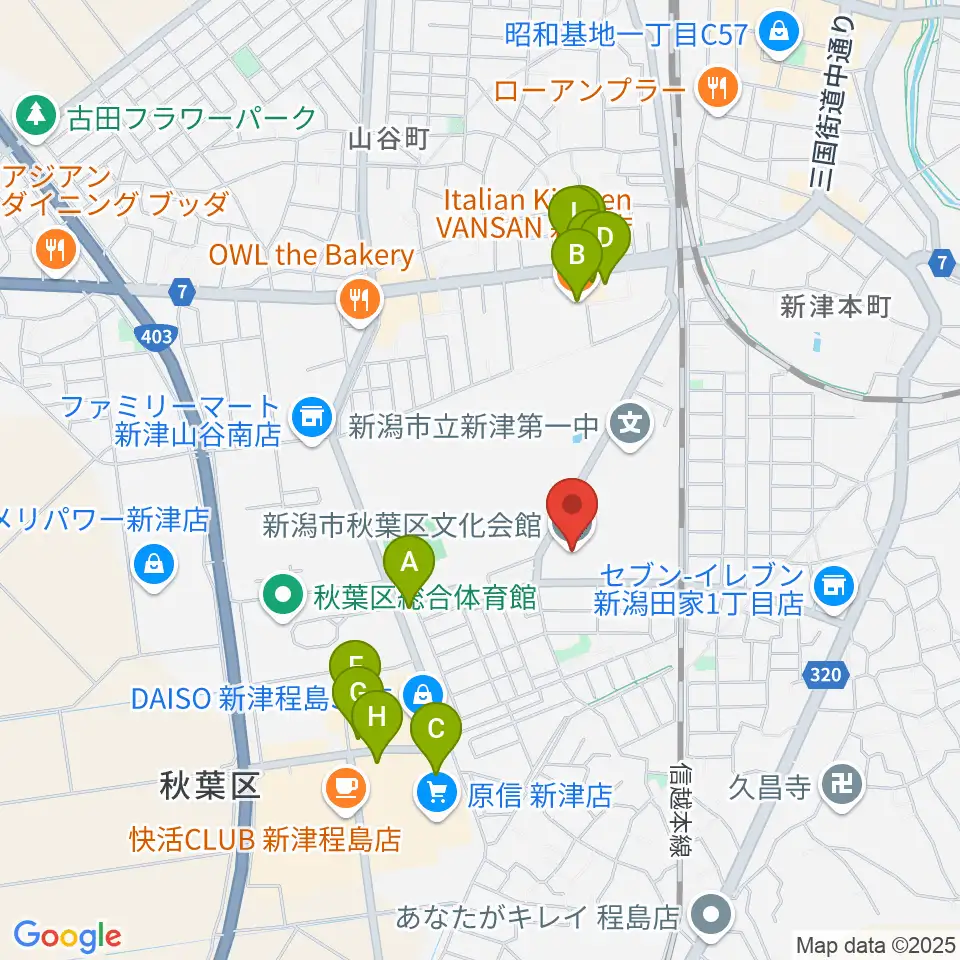 新潟市秋葉区文化会館周辺のファミレス・ファーストフード一覧地図