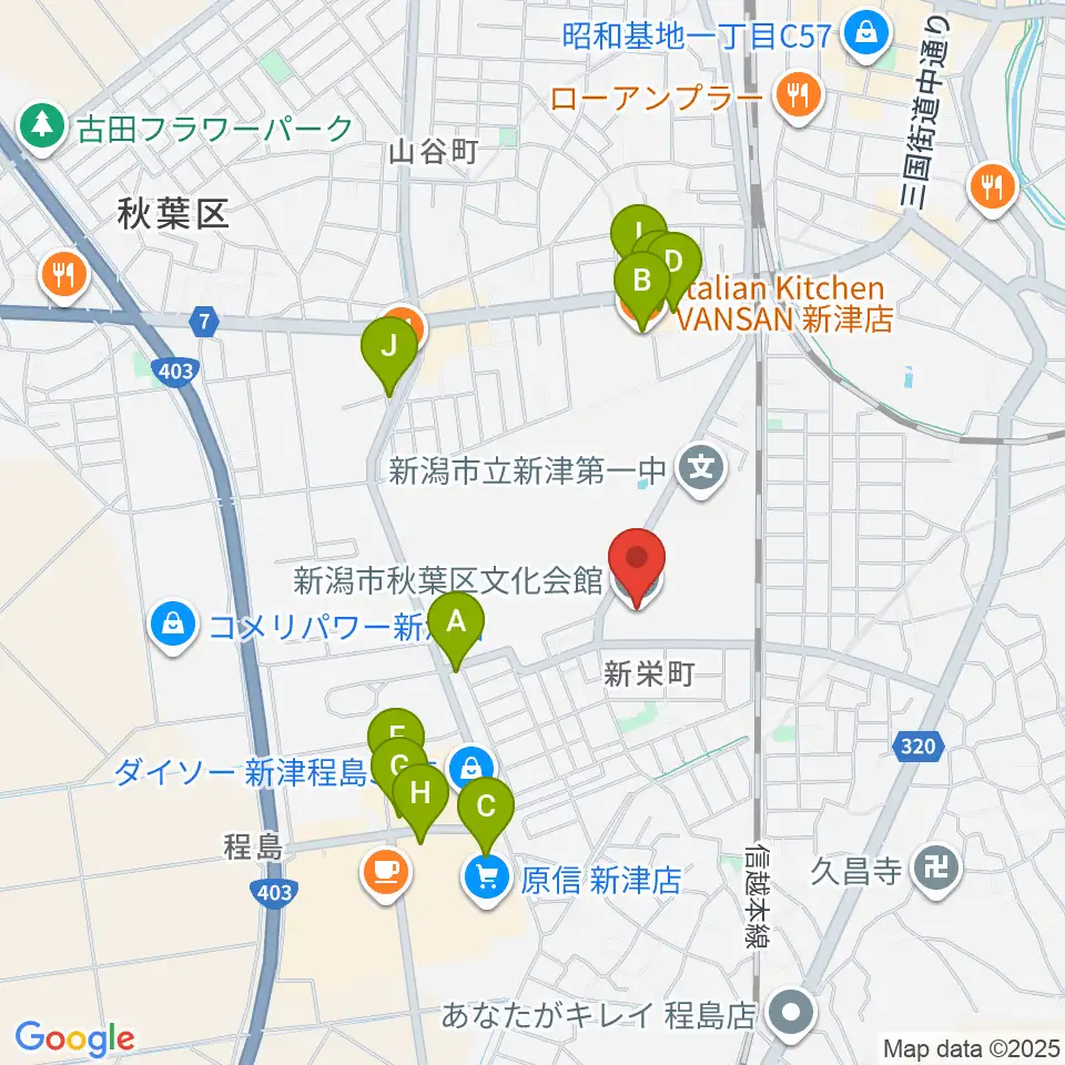 新潟市秋葉区文化会館周辺のファミレス・ファーストフード一覧地図