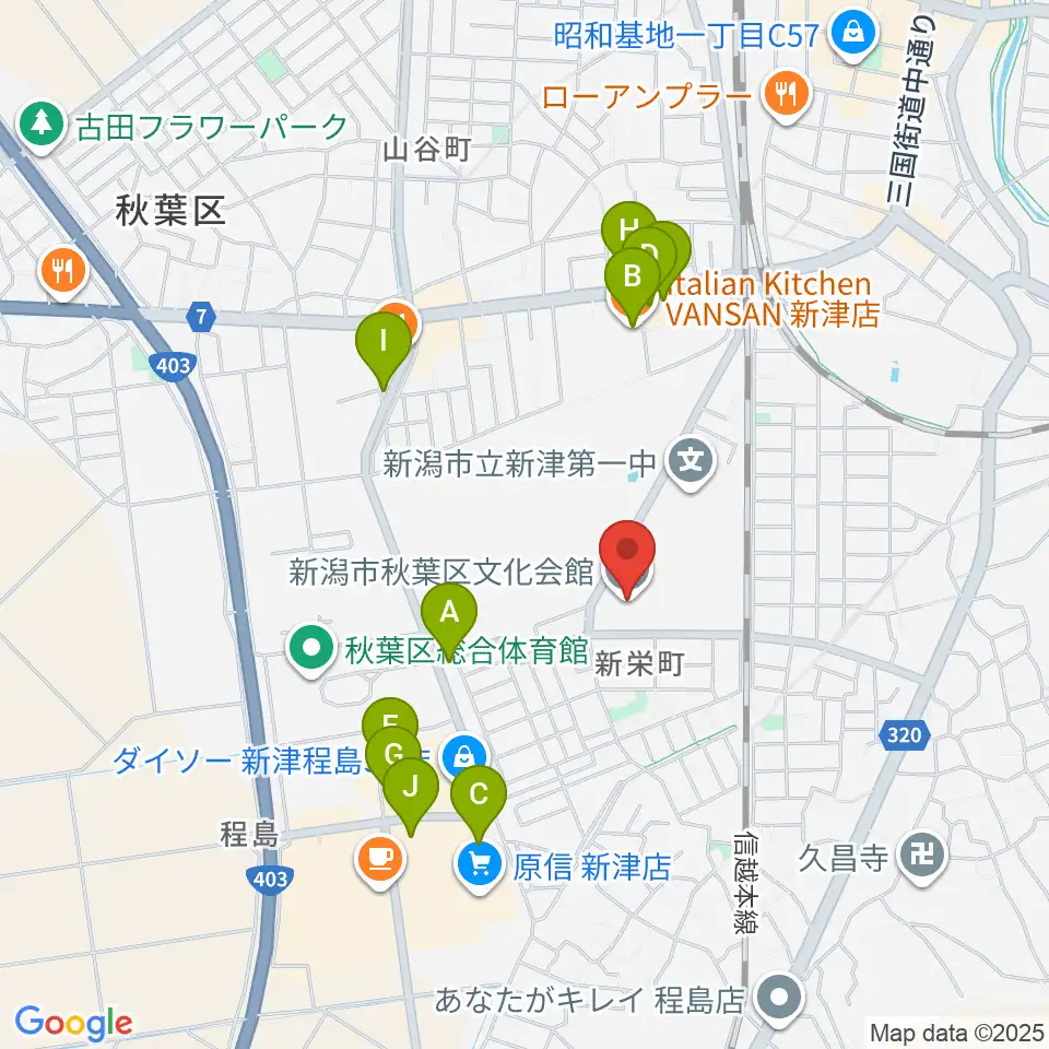 新潟市秋葉区文化会館周辺のファミレス・ファーストフード一覧地図