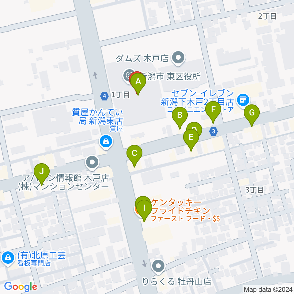 新潟市東区プラザ周辺のファミレス・ファーストフード一覧地図