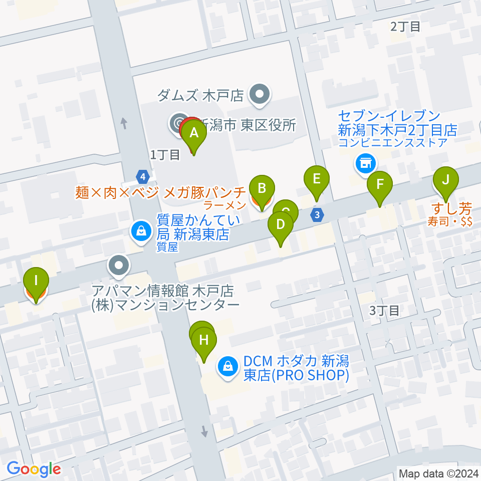 新潟市東区プラザ周辺のファミレス・ファーストフード一覧地図