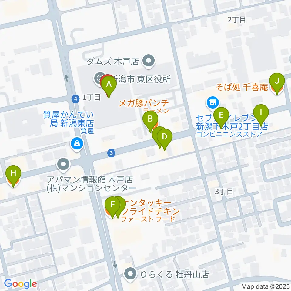 新潟市東区プラザ周辺のファミレス・ファーストフード一覧地図