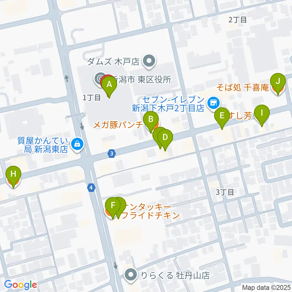 新潟市東区プラザ周辺のファミレス・ファーストフード一覧地図