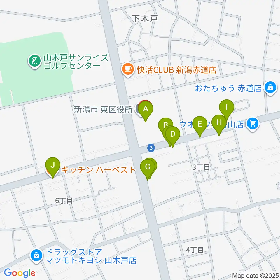 新潟市東区プラザ周辺のファミレス・ファーストフード一覧地図